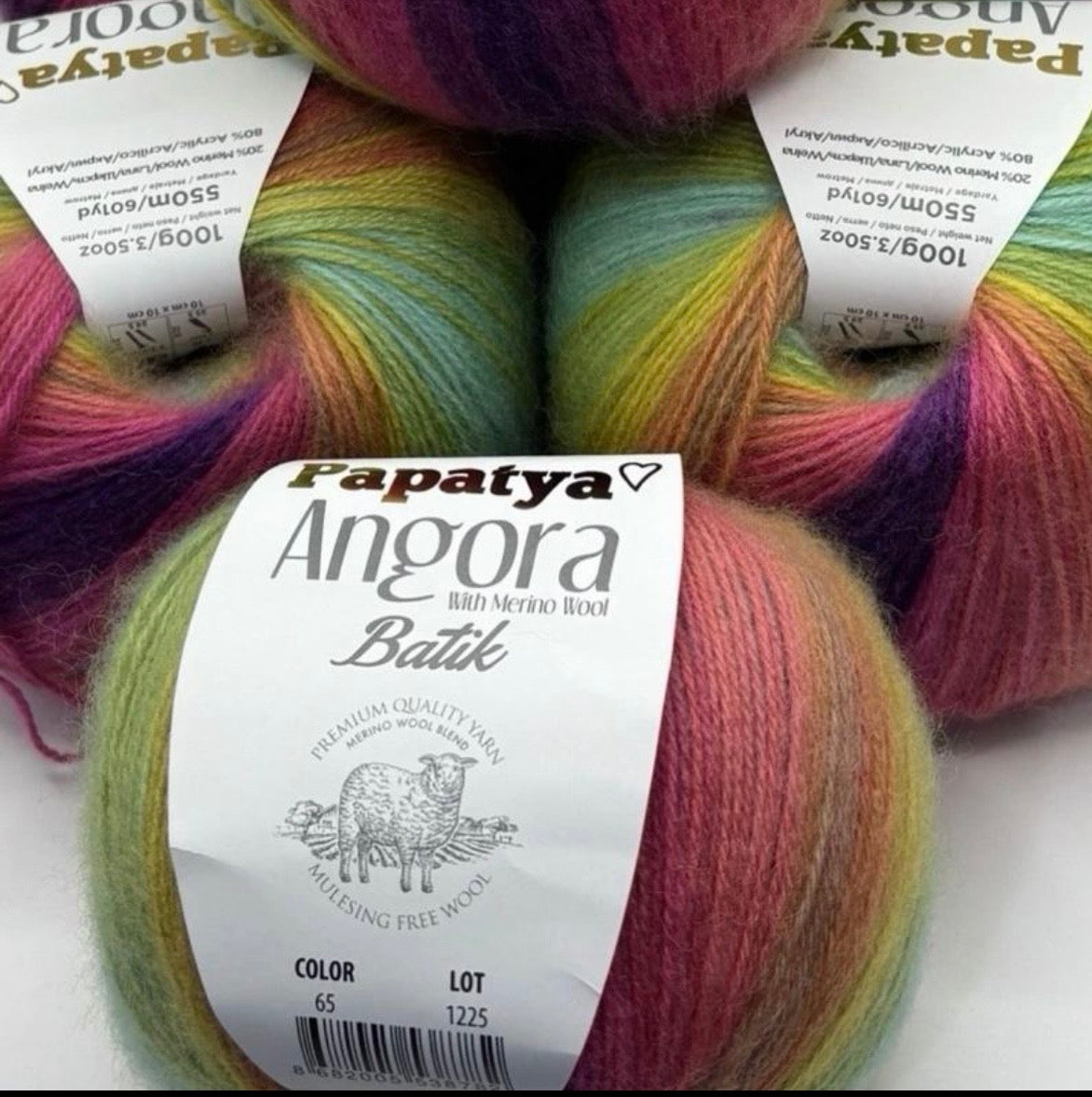 Papatya Angora Batik Yarn 4 x 100g Balls Super Soft Merino Wool & Acrylic Blend Self-Striping Fine #2 550mt Value Yarn crochet poncho