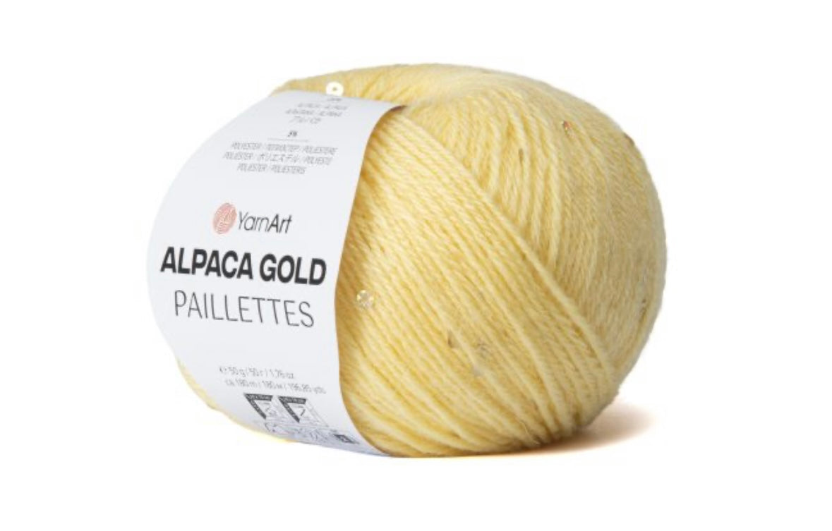 Alpaca Gold Paillettes
20% Alpaca - 5% Polyester - 75% Acrylic - 1 x 50g ball
