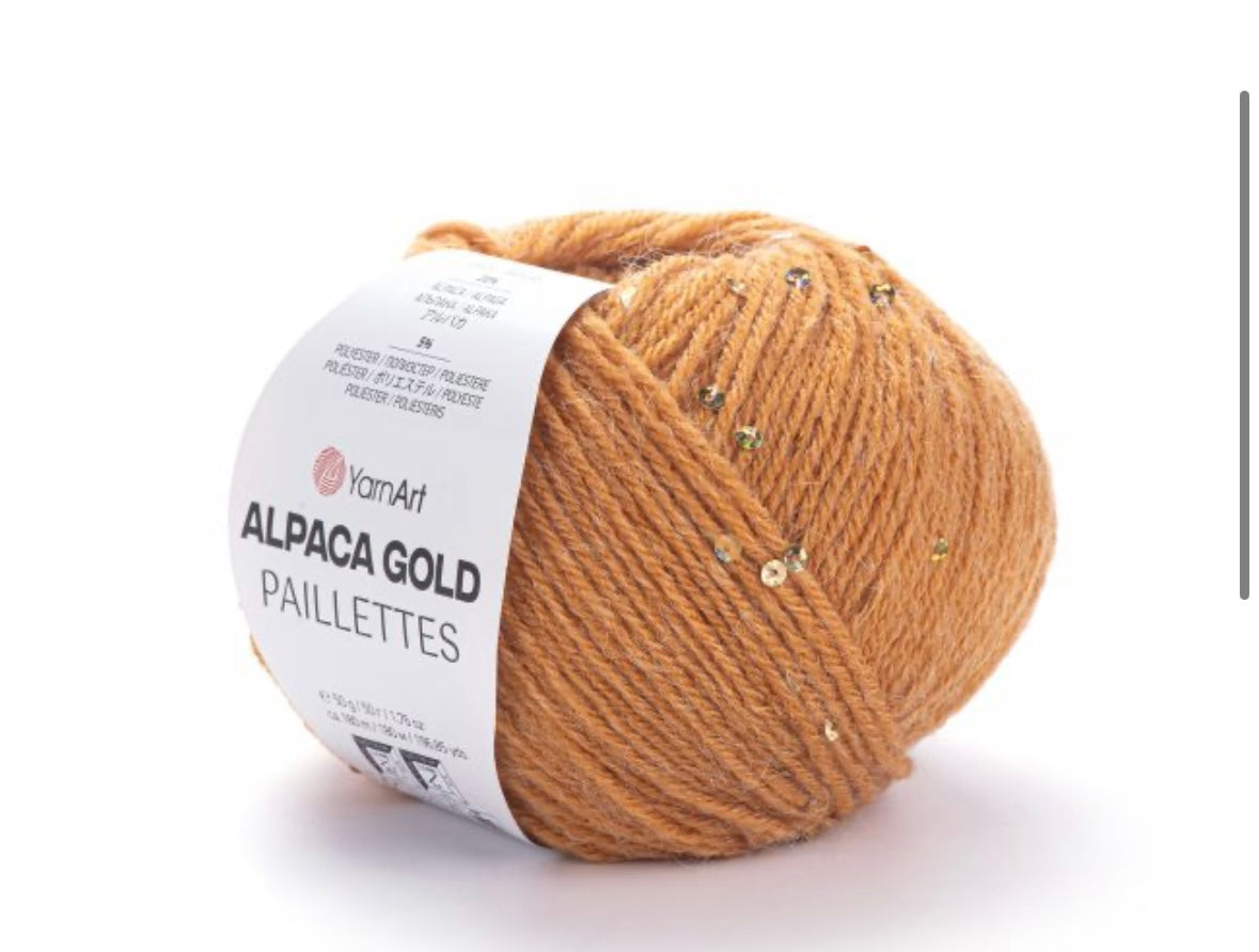 Alpaca Gold Paillettes
20% Alpaca - 5% Polyester - 75% Acrylic - 1 x 50g ball